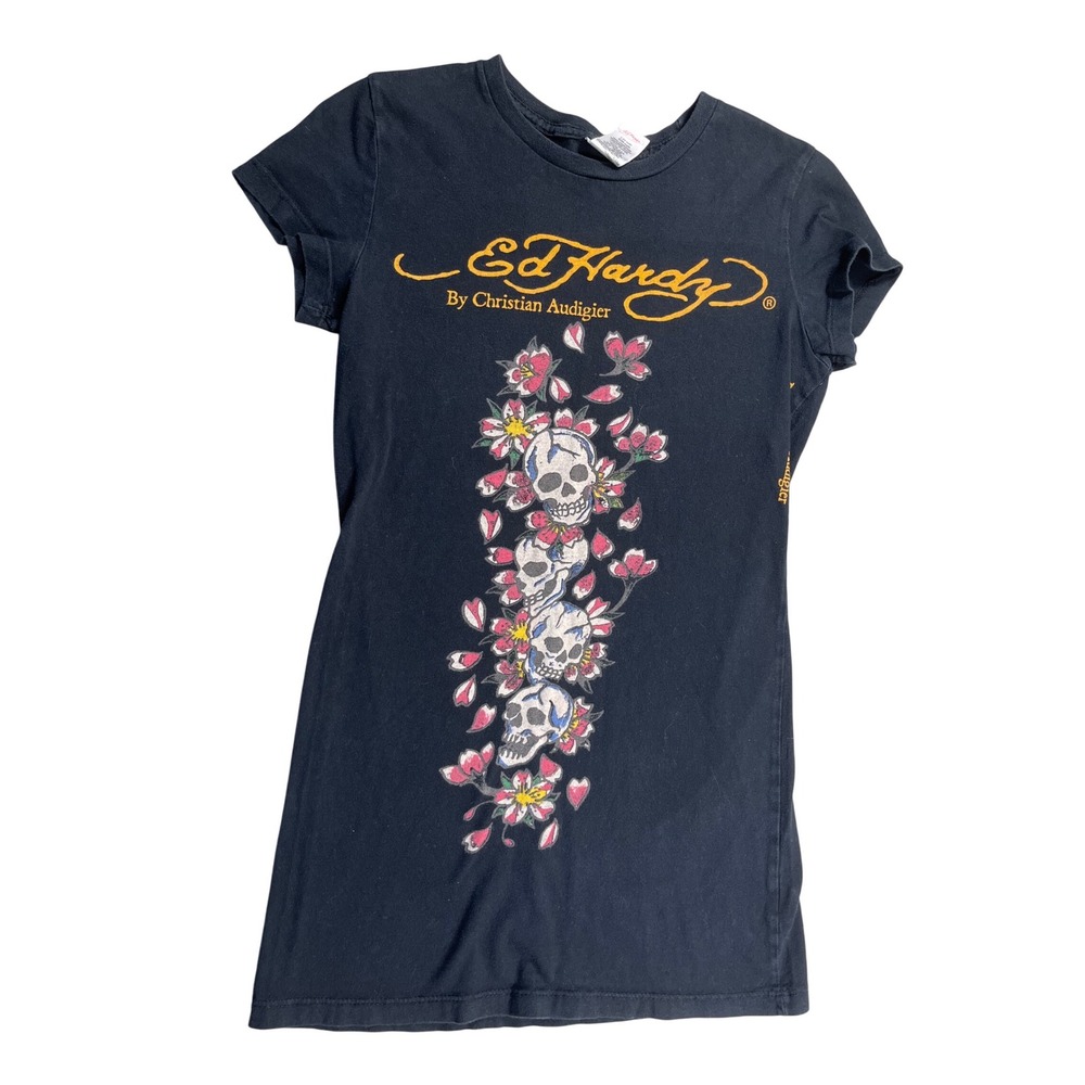 Ed Hardy By Christian Audigier Skull Floral Graphic Baby Tee Women's Small Y2K